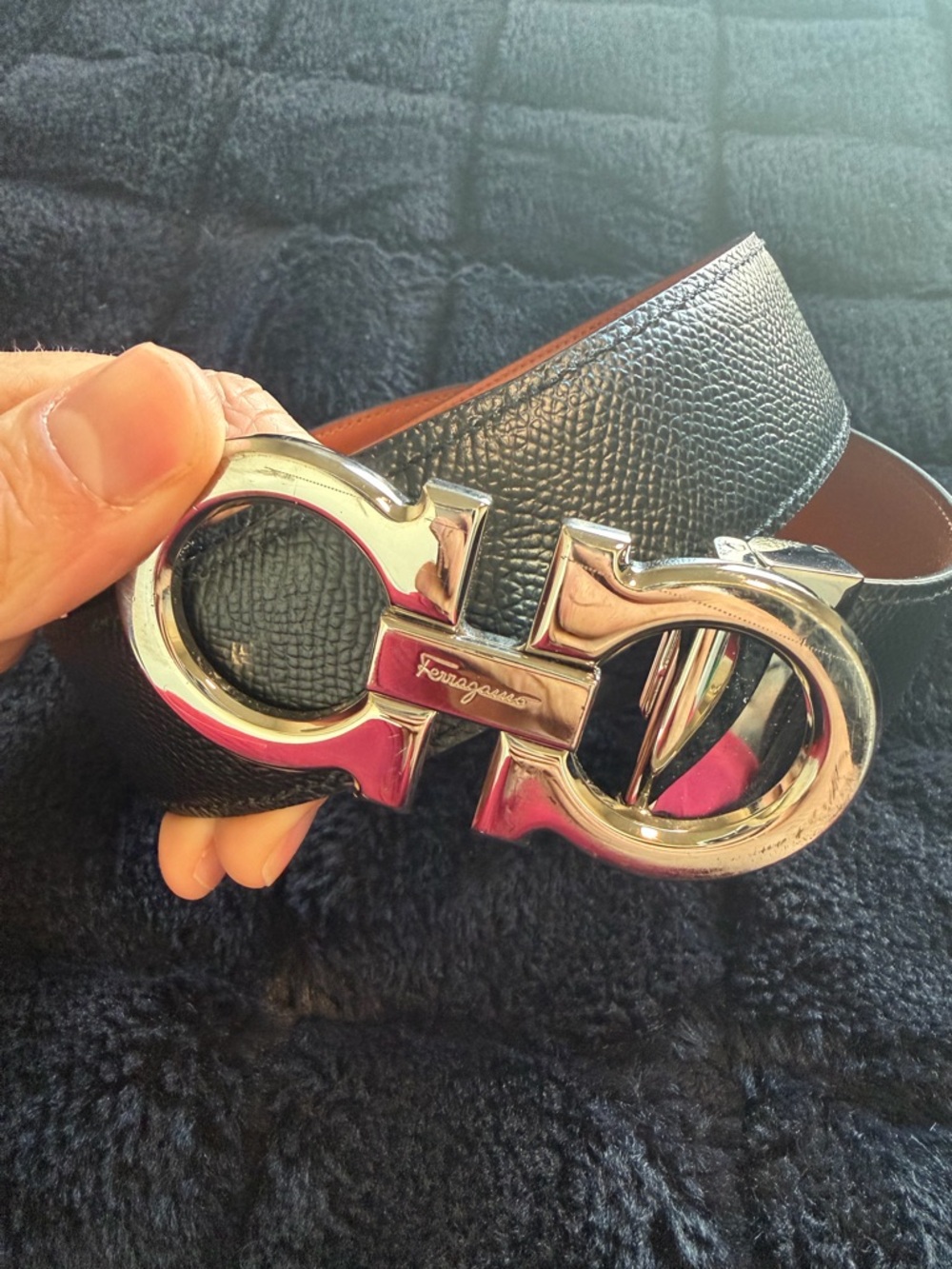 Salvatore Ferragamo Black & Brown Leather Belt with Silver Buckle